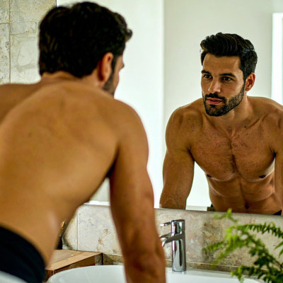 Man looking at mirror